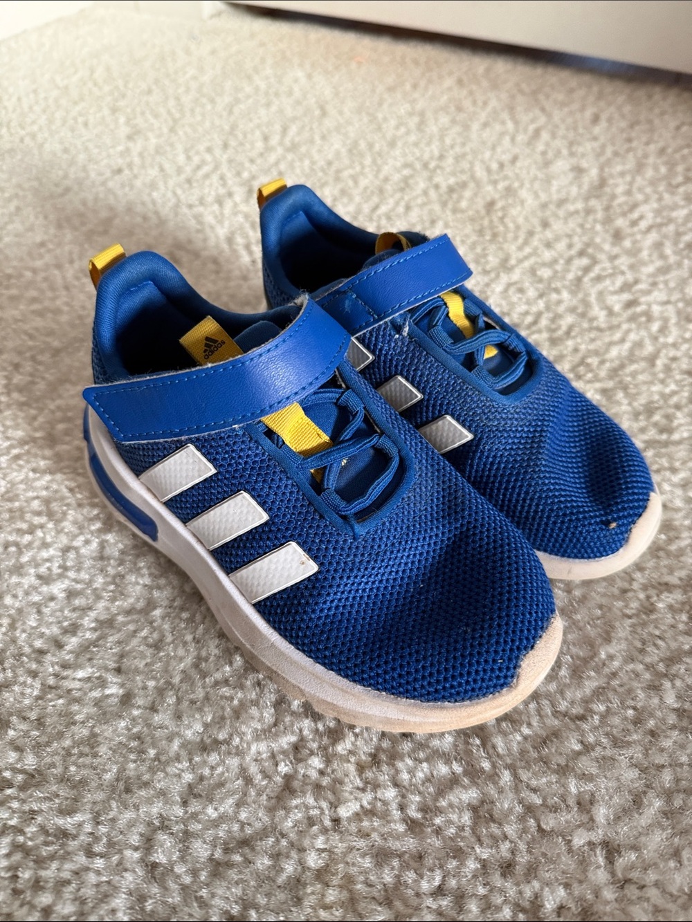 adidas Blue Kids Athletic Sneakers with White Stripes and Yellow Accents